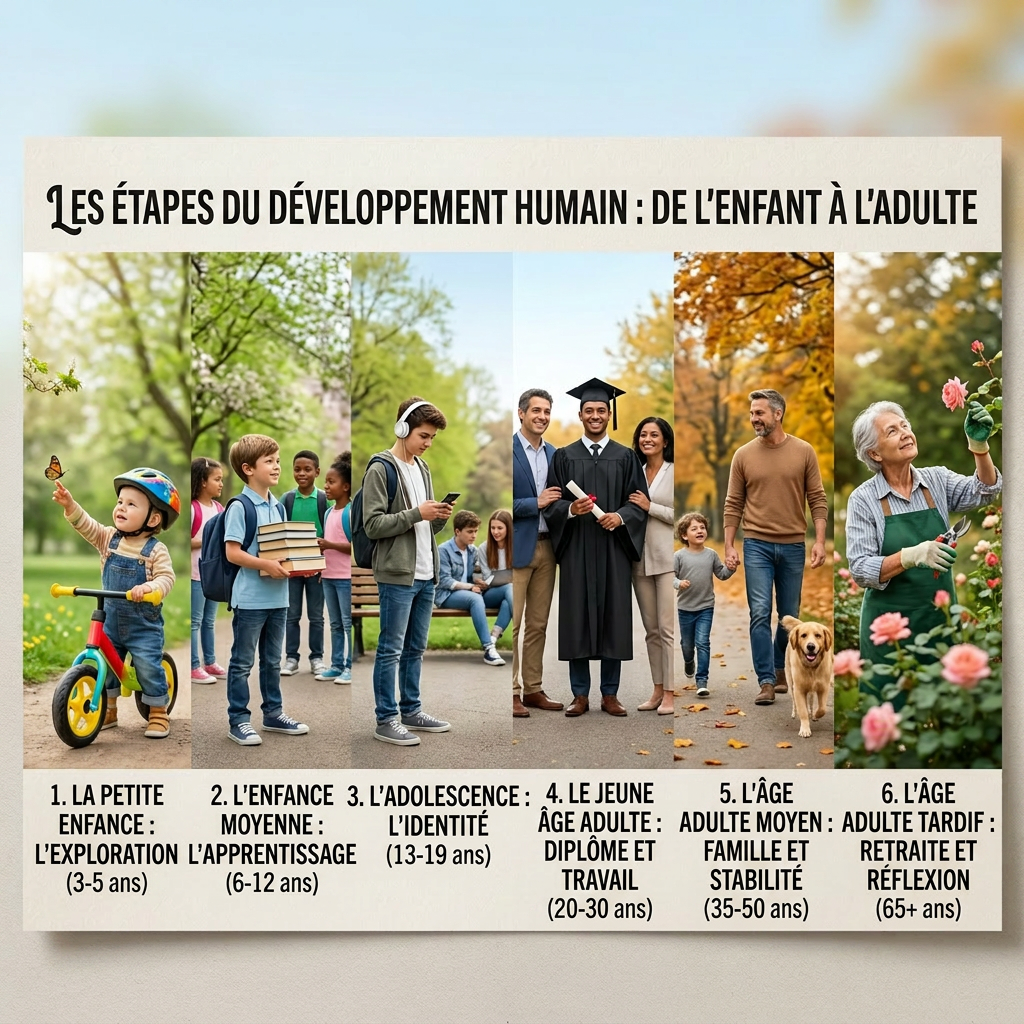 Six stages of human development from early childhood to later adulthood shown with corresponding images and age ranges.