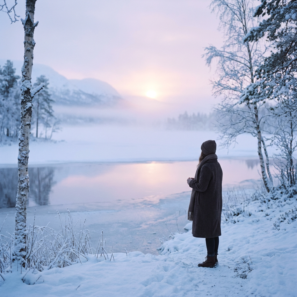Person standing by a snowy lake at sunrise wearing winter clothes