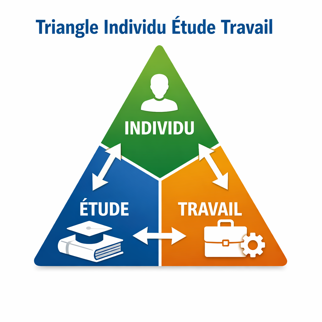 Triangle with labels Individu, Étude, Travail and icons representing a person, books with graduation cap, and briefcase with gear, connected by arrows.