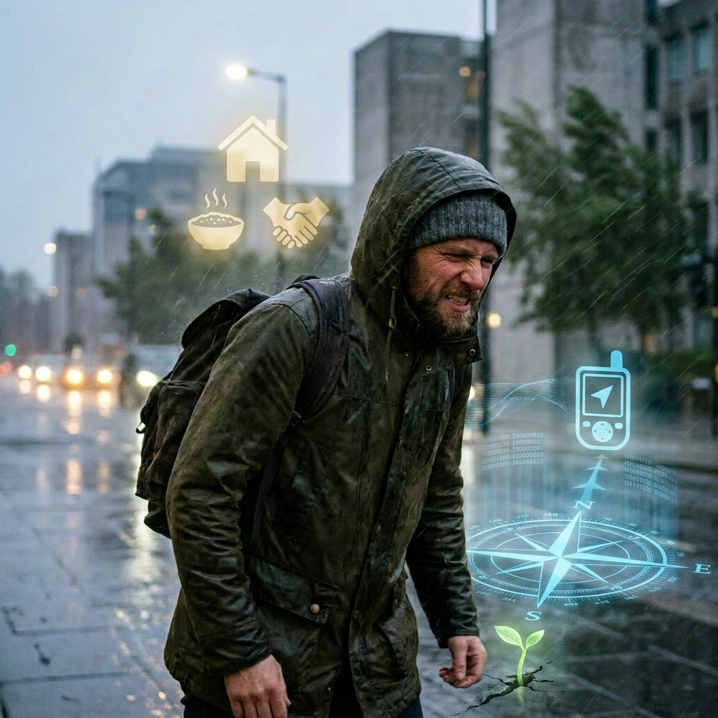 Man in rain jacket and beanie struggling to walk in heavy rain