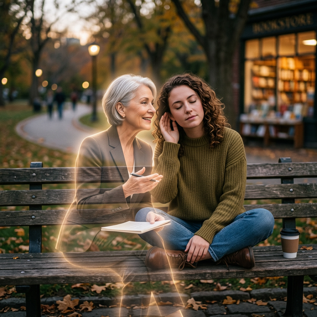 Young woman listening while sitting on a bench next to a glowing transparent older woman holding a notebook and pen